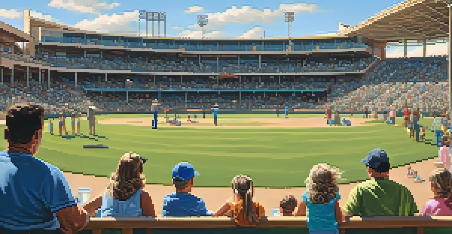 Families enjoying a day at Scottsdale Stadium, with picnic blankets, children playing, and parents cheering under a clear blue sky.