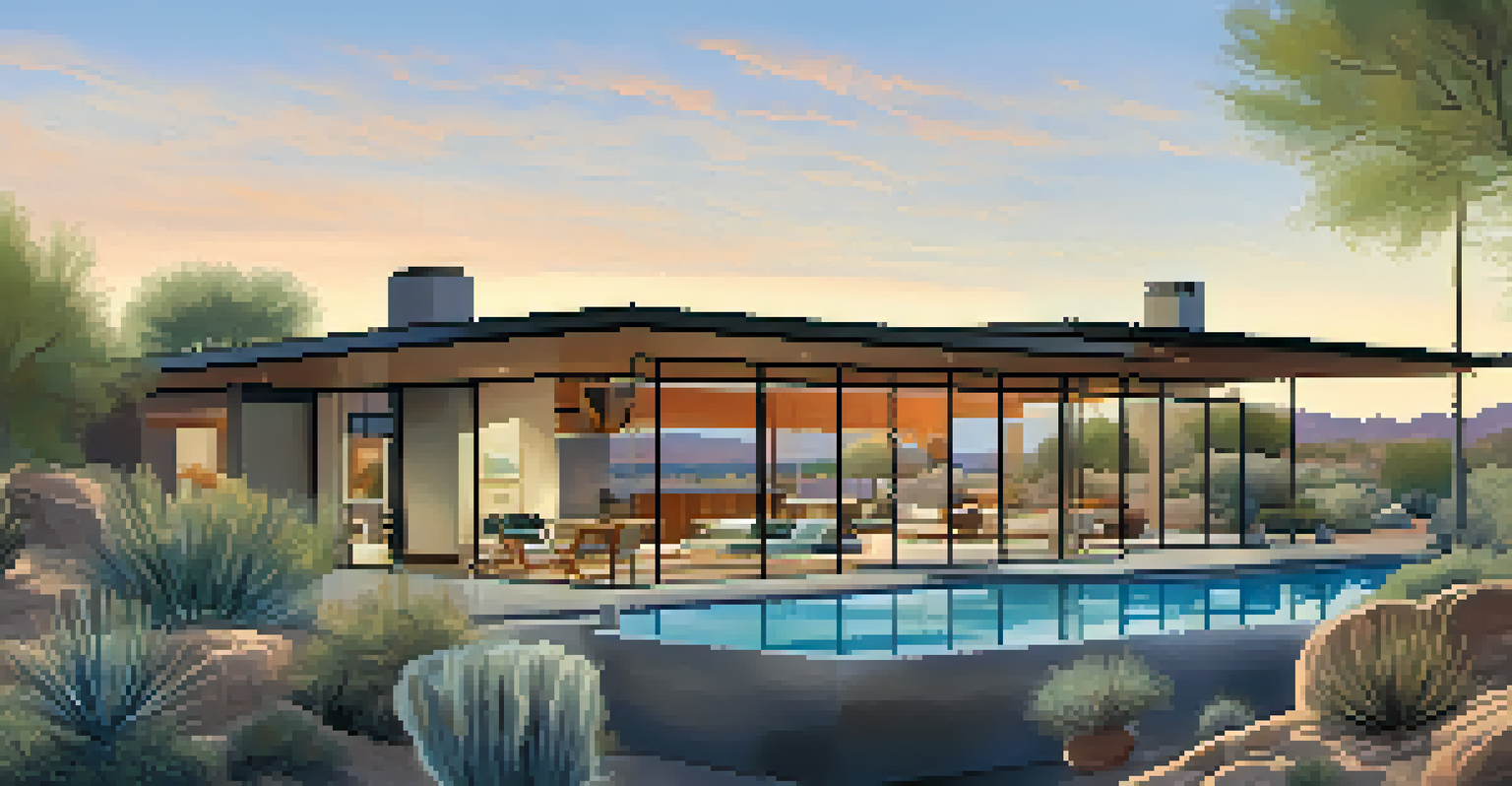 A Mid-Century Modern home with large windows and a pool, surrounded by desert plants.