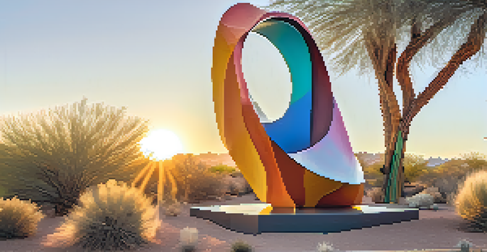 An outdoor sculpture installation in a park with a colorful abstract metal sculpture surrounded by desert plants and a sunset.