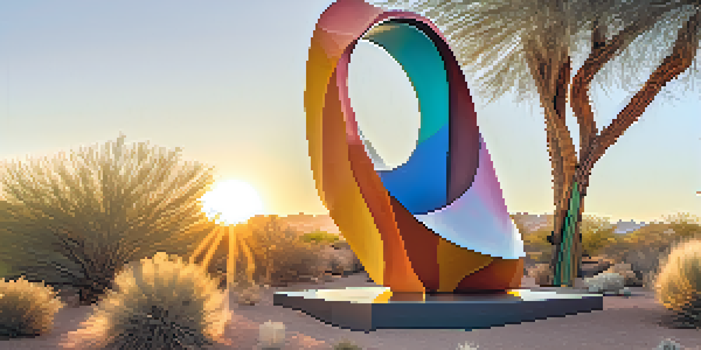 An outdoor sculpture installation in a park with a colorful abstract metal sculpture surrounded by desert plants and a sunset.