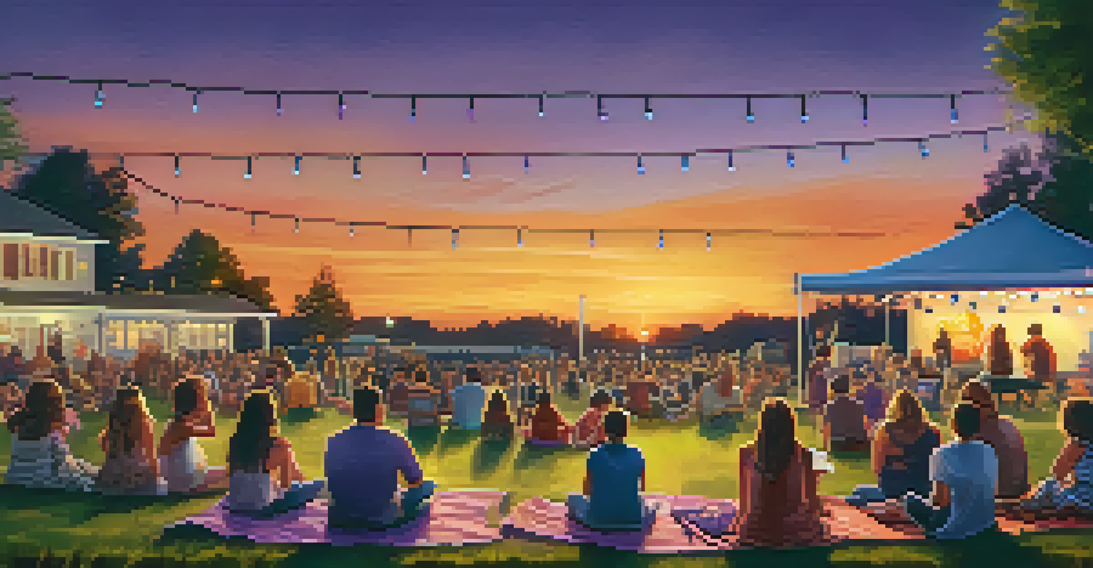 Families enjoying a sunset concert with a local band, surrounded by a beautiful evening sky and festive lights.