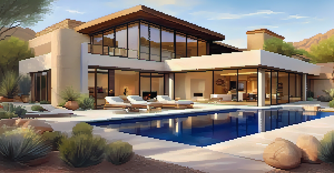 A luxurious modern home in Scottsdale with large glass windows, surrounded by desert plants, highlighted by a sunset glow.