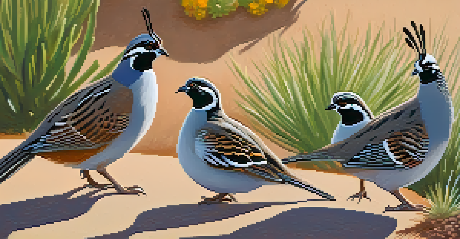 A group of Gambel's Quail foraging in a sunny urban park, surrounded by greenery and desert plants in Scottsdale, Arizona.
