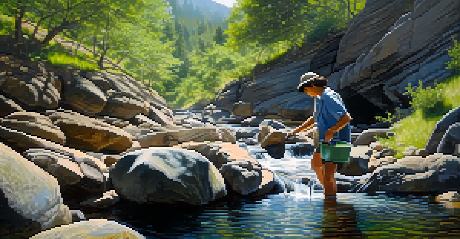 A person filling a container from a clear stream, surrounded by rocks and greenery.