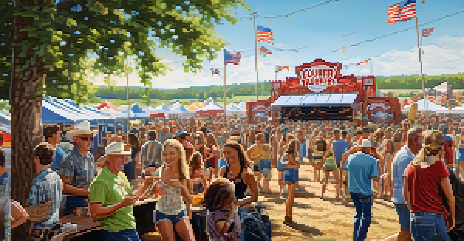 A lively country music festival with a crowd enjoying a live band, food trucks, and colorful decorations.