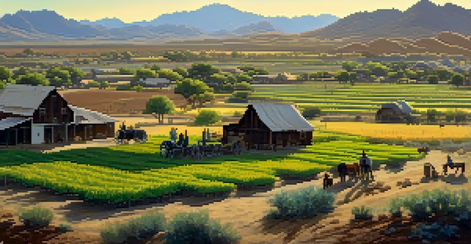 A scenic view of a late 1800s agricultural landscape in Scottsdale, showcasing settlers working in fields with a rustic barn in the background under a clear blue sky.
