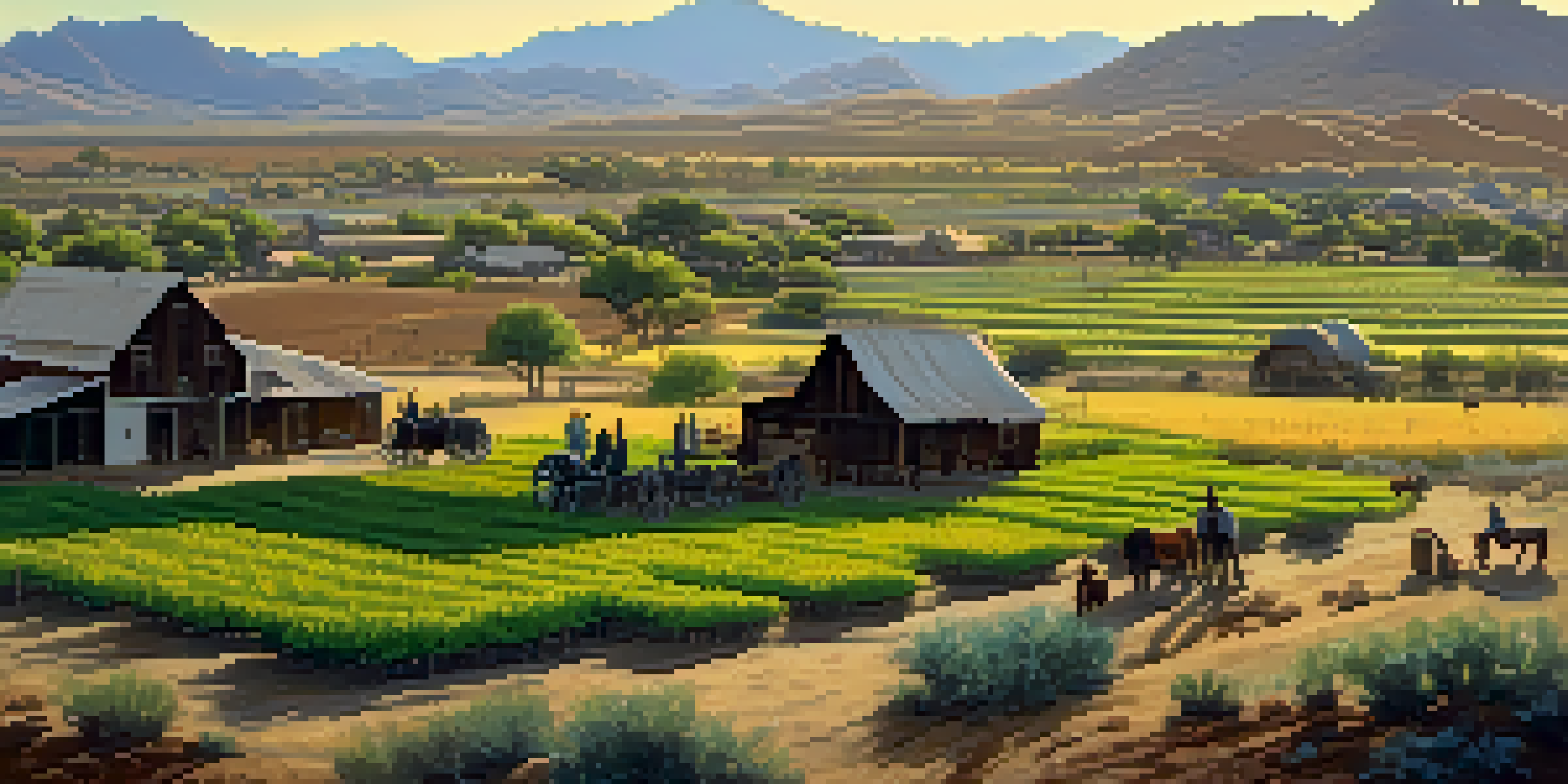 A scenic view of a late 1800s agricultural landscape in Scottsdale, showcasing settlers working in fields with a rustic barn in the background under a clear blue sky.