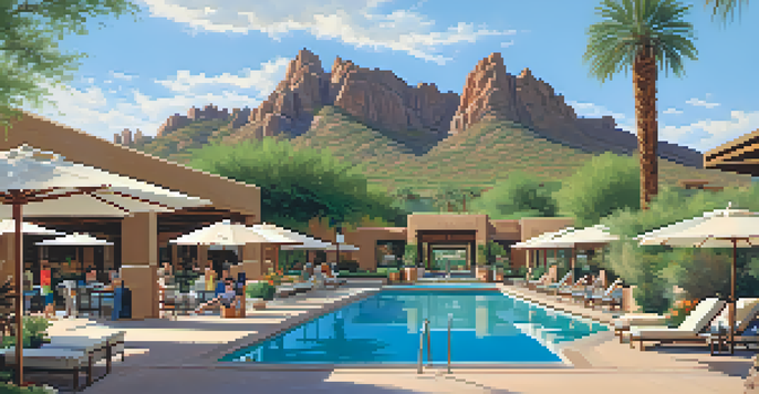 A luxurious pool area at the Four Seasons Resort Scottsdale with families enjoying their time, set against a backdrop of desert mountains and a clear blue sky.