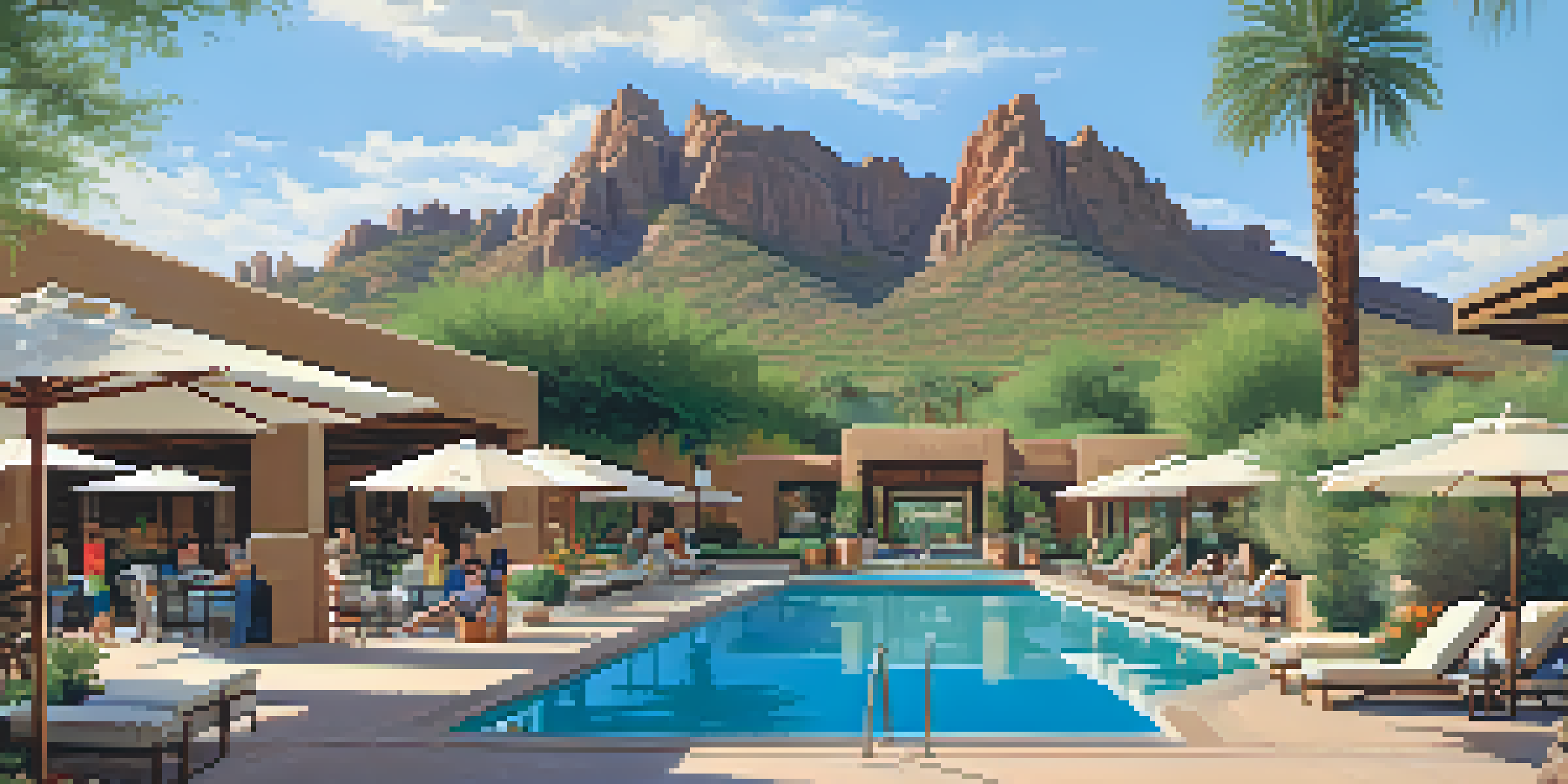 A luxurious pool area at the Four Seasons Resort Scottsdale with families enjoying their time, set against a backdrop of desert mountains and a clear blue sky.