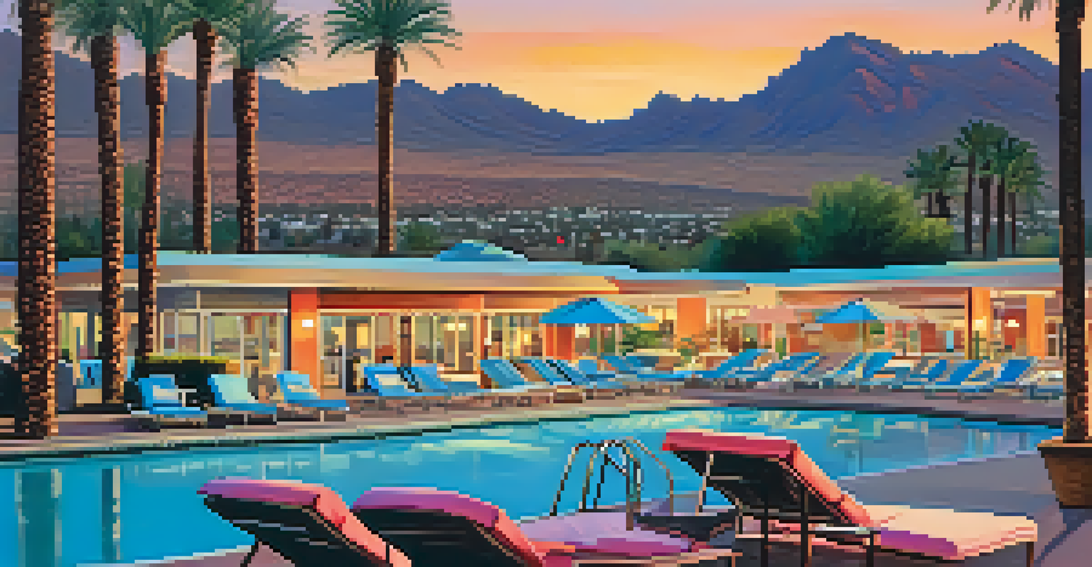 The historic Hotel Valley Ho with retro architecture, a landscaped pool area, and palm trees during sunset.