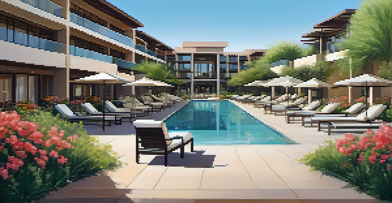 A luxurious resort in Scottsdale with a pool and elegant architecture surrounded by greenery.
