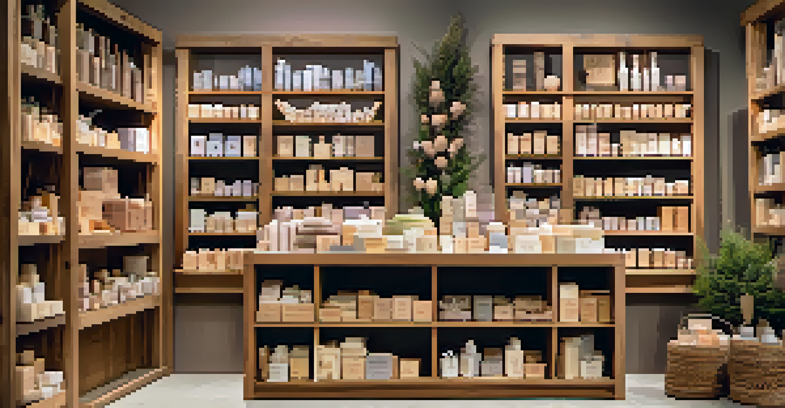 A beautifully arranged craft fair booth displaying handmade soaps on shelves, with dried flowers and wooden crates, under soft lighting, and a sign showing a special discount.