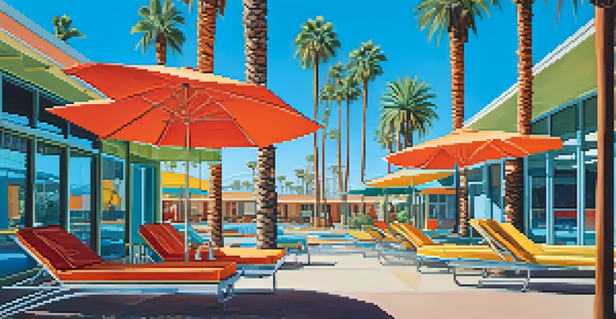 A sunny pool scene at the Hotel Valley Ho with retro lounge chairs and palm trees, highlighting mid-century modern architecture.