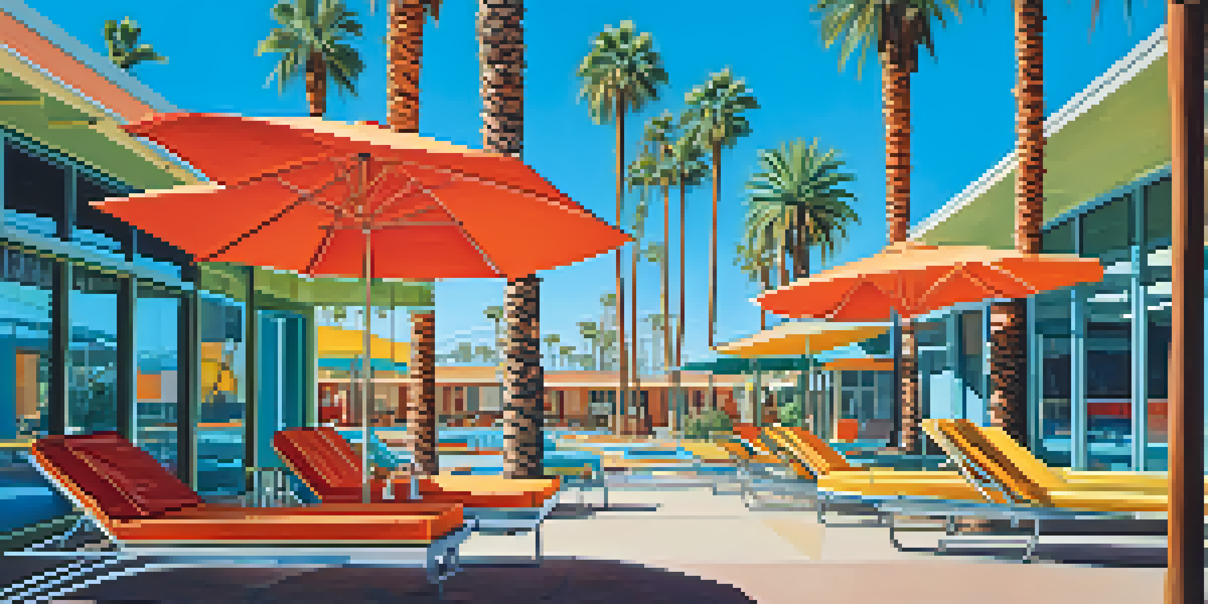A sunny pool scene at the Hotel Valley Ho with retro lounge chairs and palm trees, highlighting mid-century modern architecture.