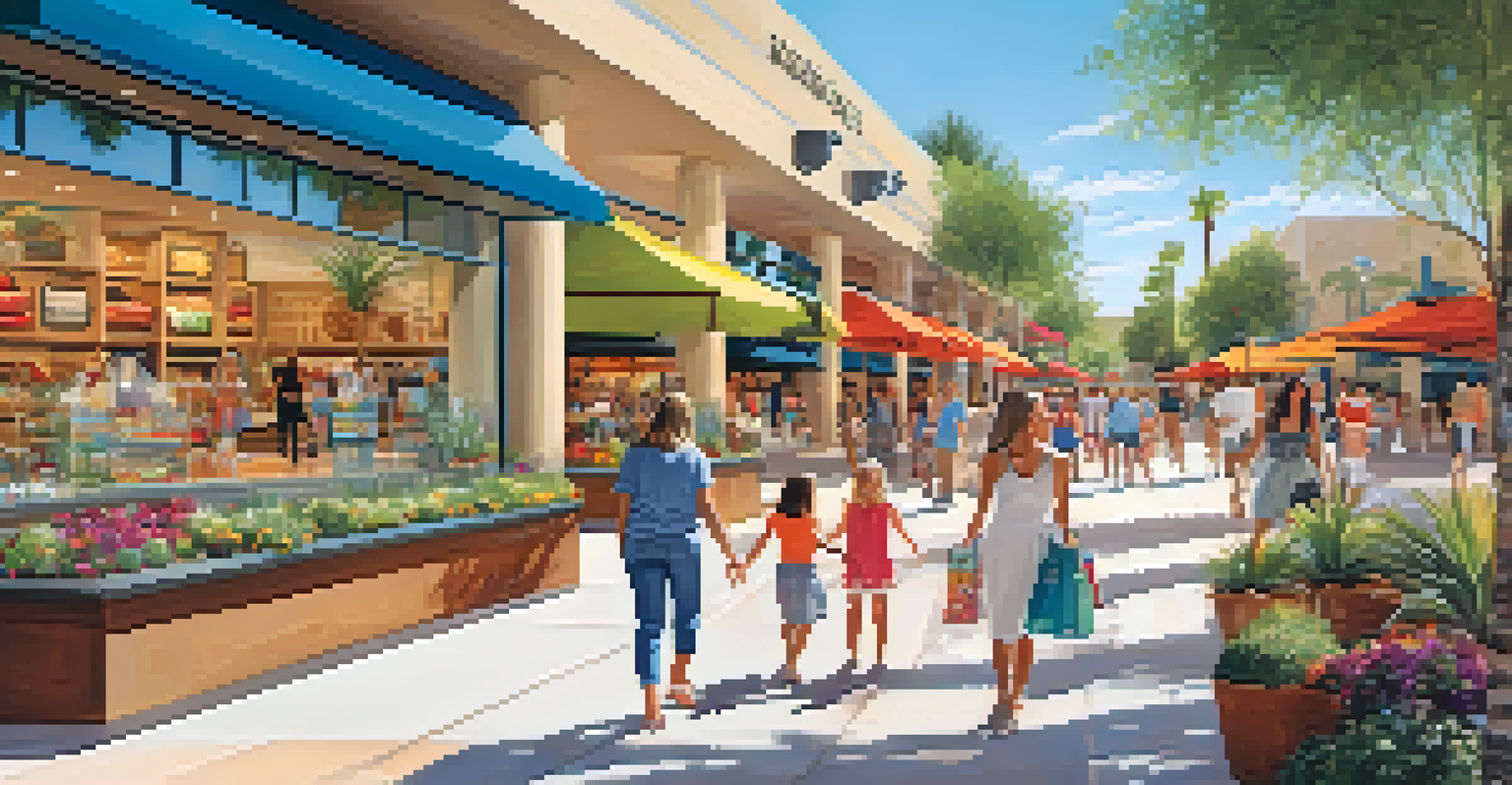 Families enjoying shopping at the Scottsdale Quarter, with children playing by fountains and parents browsing stores.