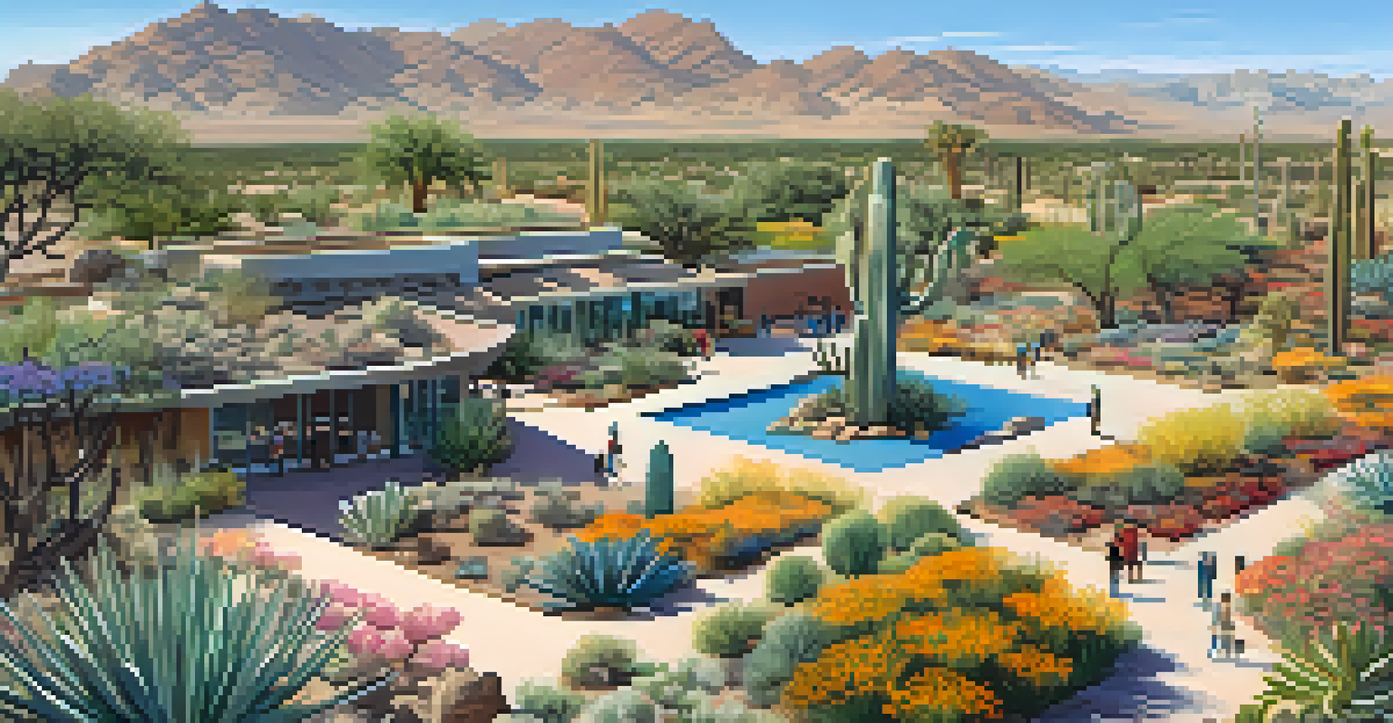 An aerial view of the Desert Botanical Garden filled with colorful desert plants and pathways, with visitors exploring the area.