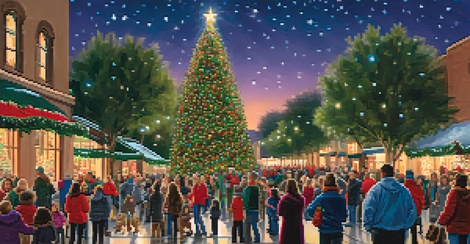 A large Christmas tree illuminated with lights surrounded by families celebrating in a festive atmosphere.
