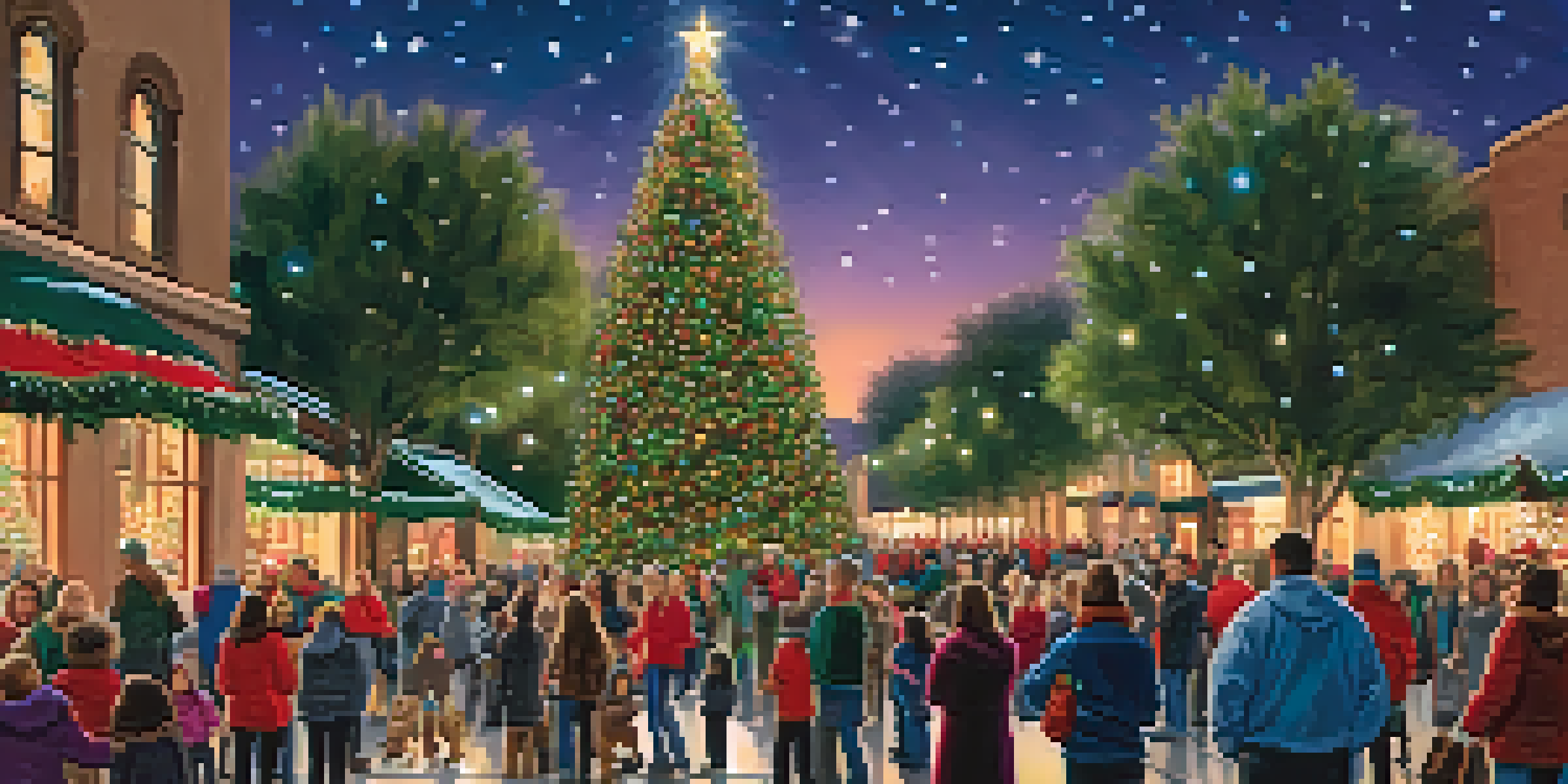 A large Christmas tree illuminated with lights surrounded by families celebrating in a festive atmosphere.
