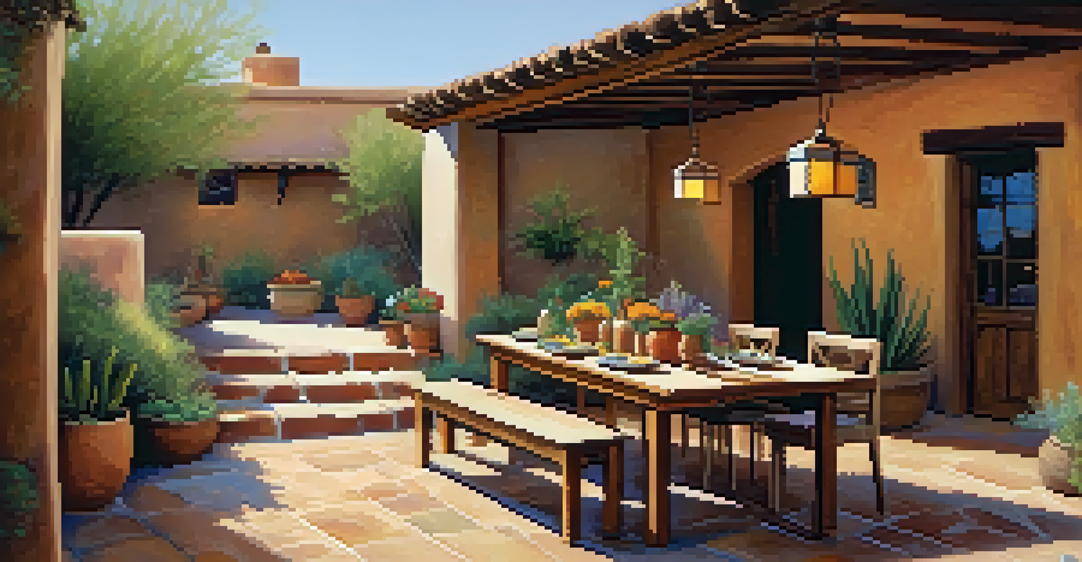 A cozy Southwestern courtyard with a wooden table, colorful tiles, and native plants under a warm sun.