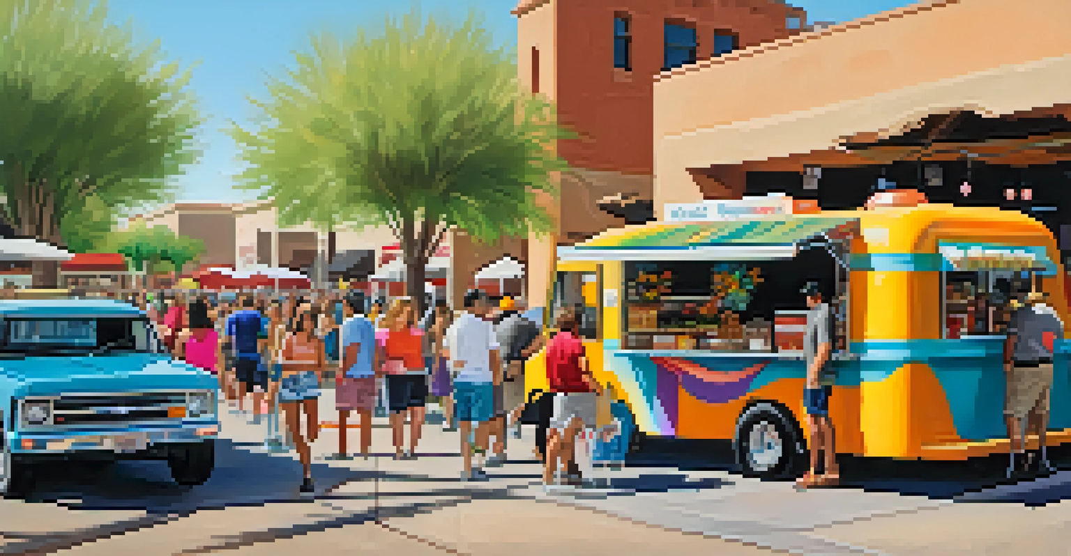 A lively food truck scene in Scottsdale showcasing gourmet tacos and burgers, with people enjoying their meals in a vibrant street market.