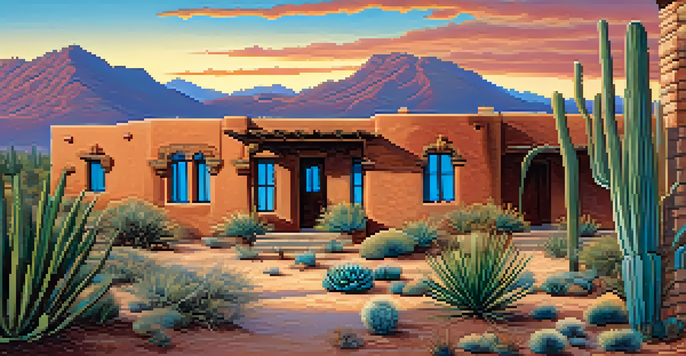A picturesque Southwestern scene featuring adobe buildings in warm colors, surrounded by desert plants and a beautiful sunset.