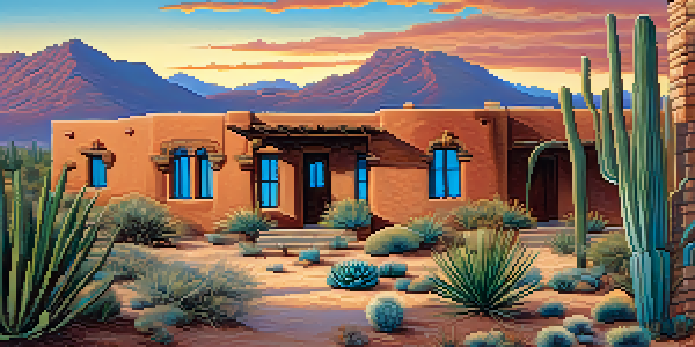 A picturesque Southwestern scene featuring adobe buildings in warm colors, surrounded by desert plants and a beautiful sunset.