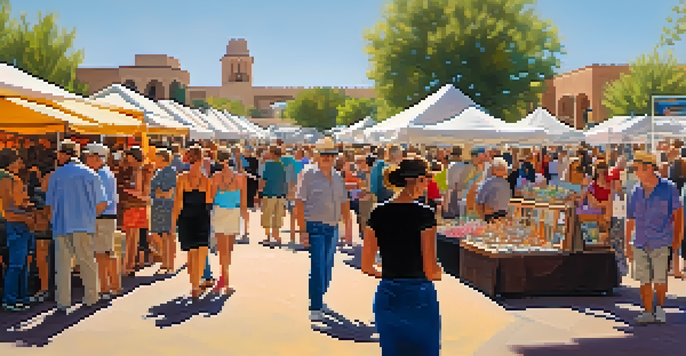 A lively outdoor art festival with diverse attendees exploring colorful art exhibits and enjoying live music under the warm sun.