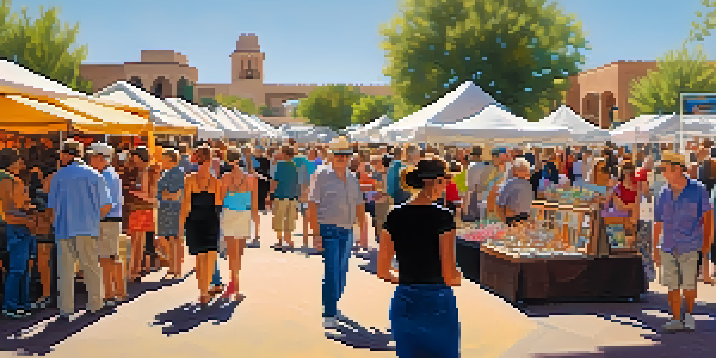 A lively outdoor art festival with diverse attendees exploring colorful art exhibits and enjoying live music under the warm sun.