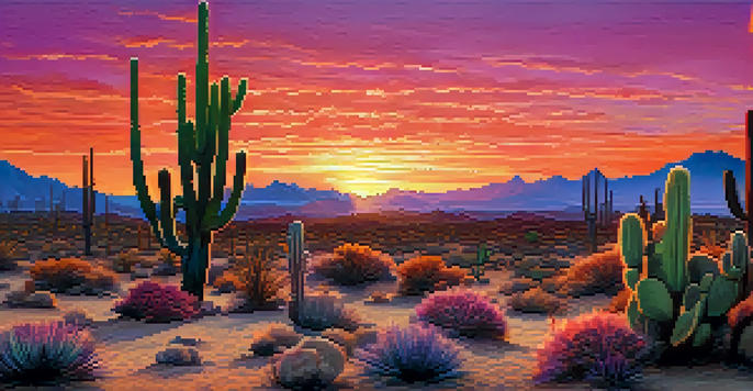 A colorful sunset over the Sonoran Desert with various cacti and a silhouette of a desert fox in the foreground.