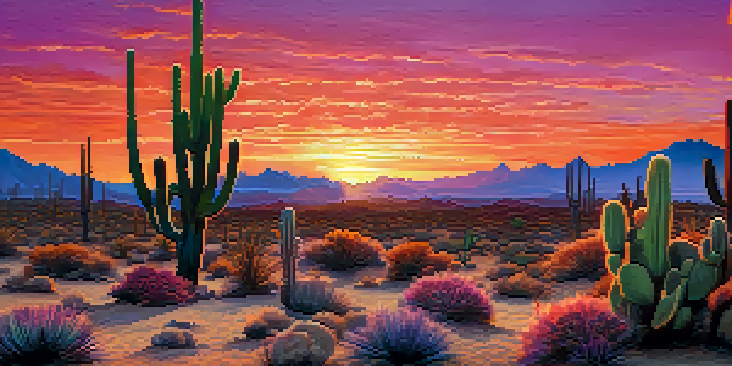 A colorful sunset over the Sonoran Desert with various cacti and a silhouette of a desert fox in the foreground.
