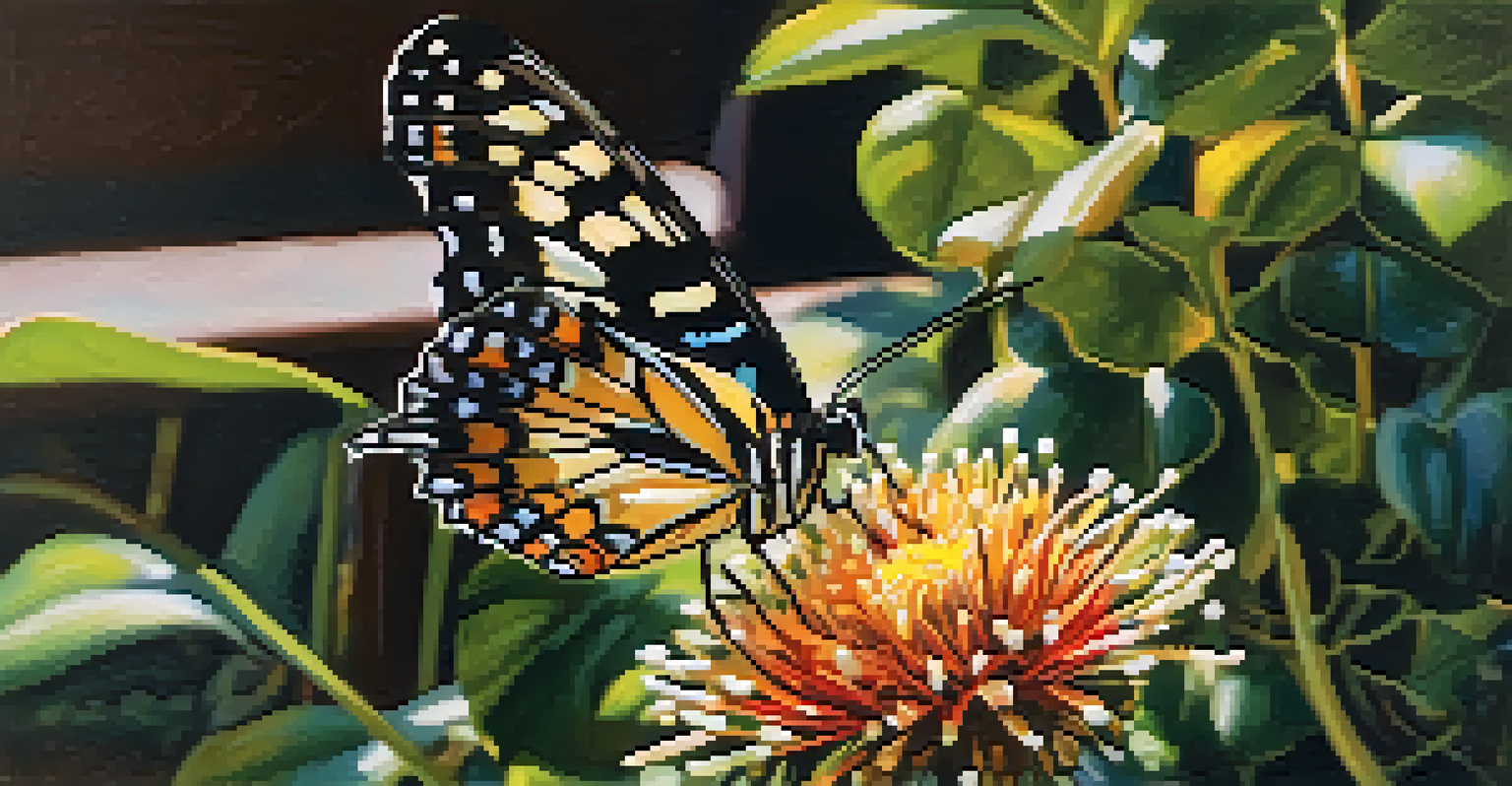 A close-up of a butterfly on a native flower in a garden, with sunlight filtering through the leaves and creating light patterns.