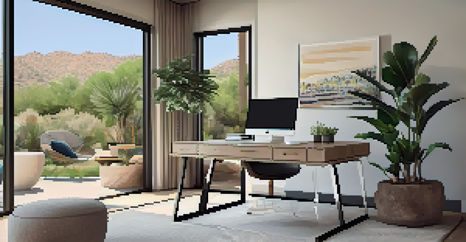 A well-designed home office with modern decor and large windows overlooking a peaceful backyard, ideal for remote work.