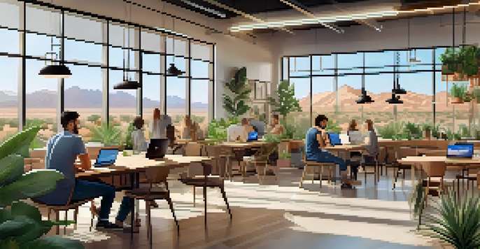 A lively coworking space with people working on laptops, large windows showing a sunny desert view, and indoor plants.