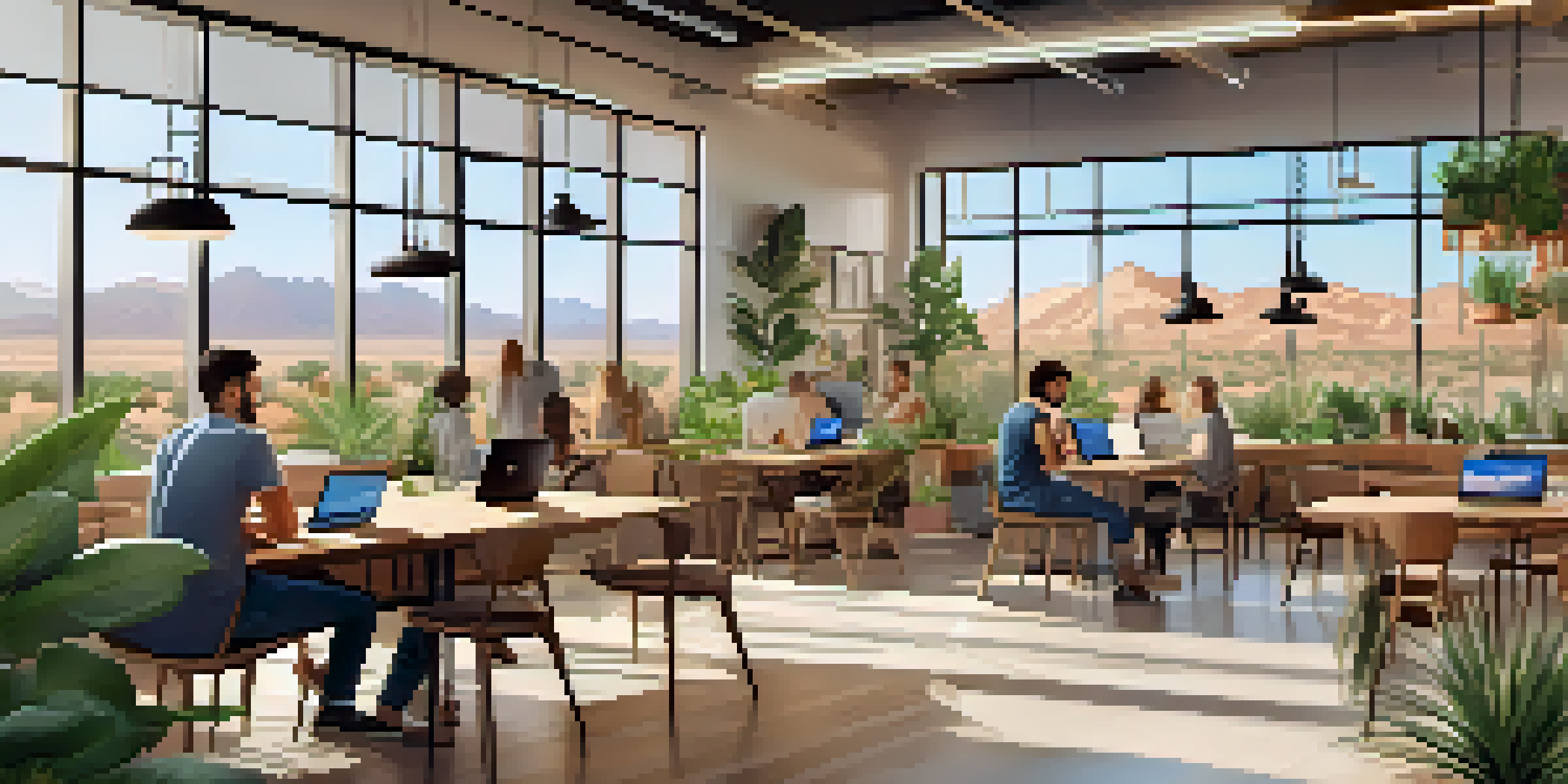 A lively coworking space with people working on laptops, large windows showing a sunny desert view, and indoor plants.