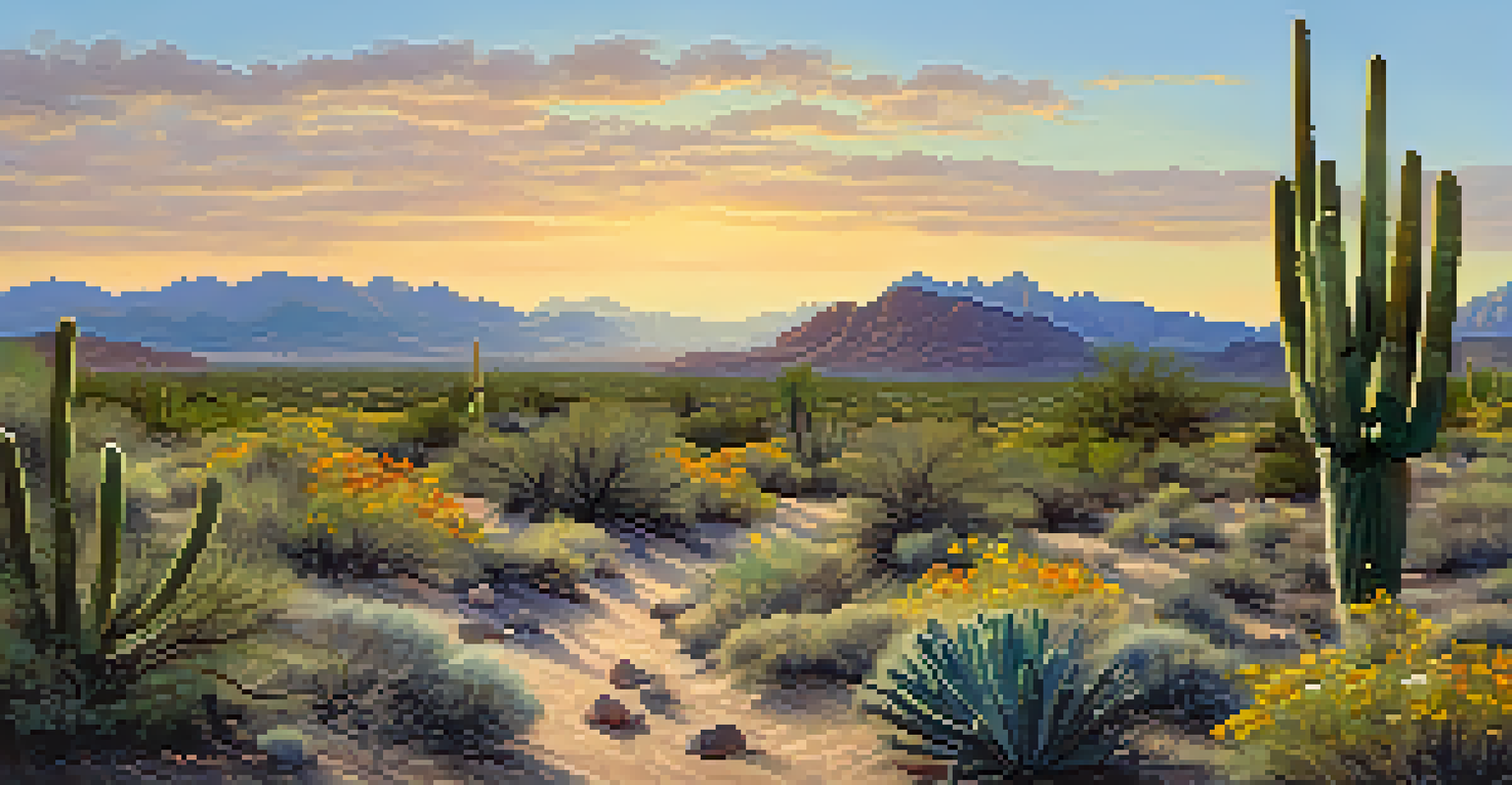 A tranquil hiking trail in the McDowell Sonoran Preserve, surrounded by saguaro cacti and vibrant wildflowers, illuminated by the warm light of golden hour.