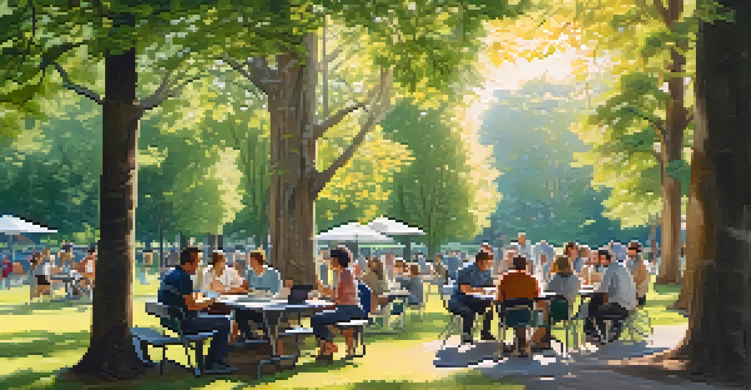 Professionals networking outdoors in a park, seated at picnic tables under trees, exchanging ideas with laptops and notebooks.