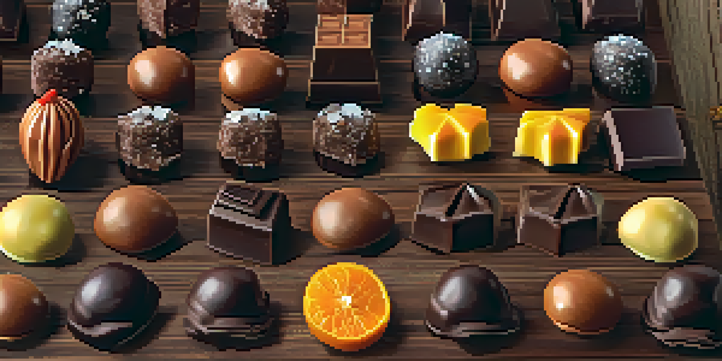 A display of colorful artisan chocolates on a wooden table, featuring unique flavors and textures.