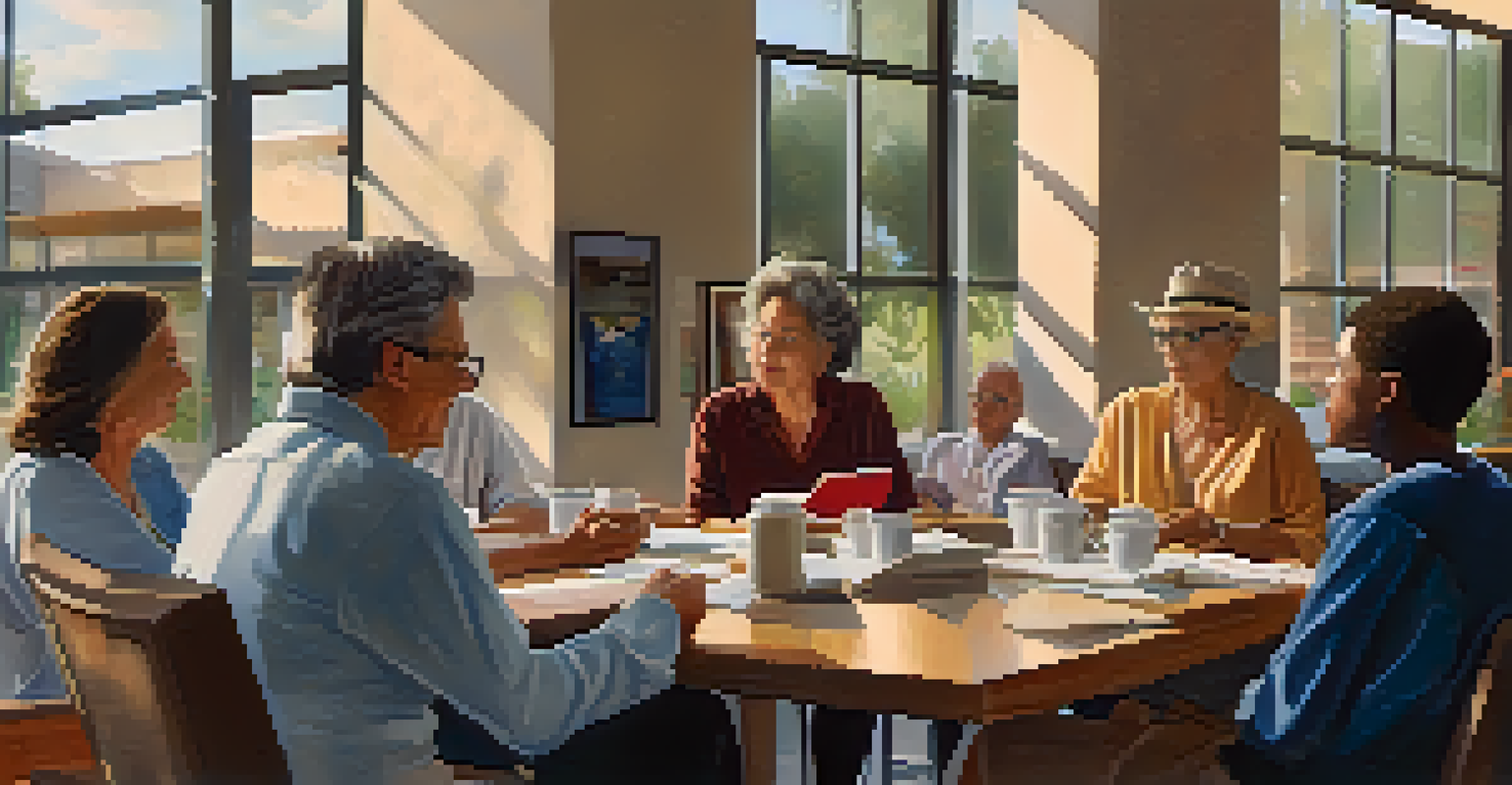 A diverse group of people engaged in a book club discussion in a library with natural light and books around.