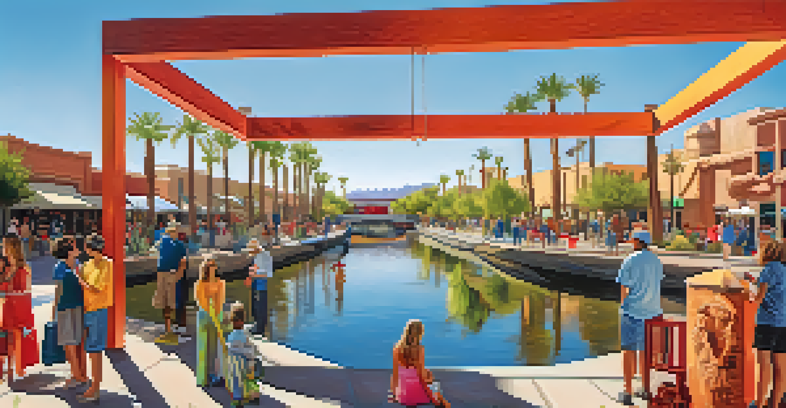 An art installation in Scottsdale Waterfront with colorful sculptures and murals, and shoppers interacting with the art beside the Arizona Canal.