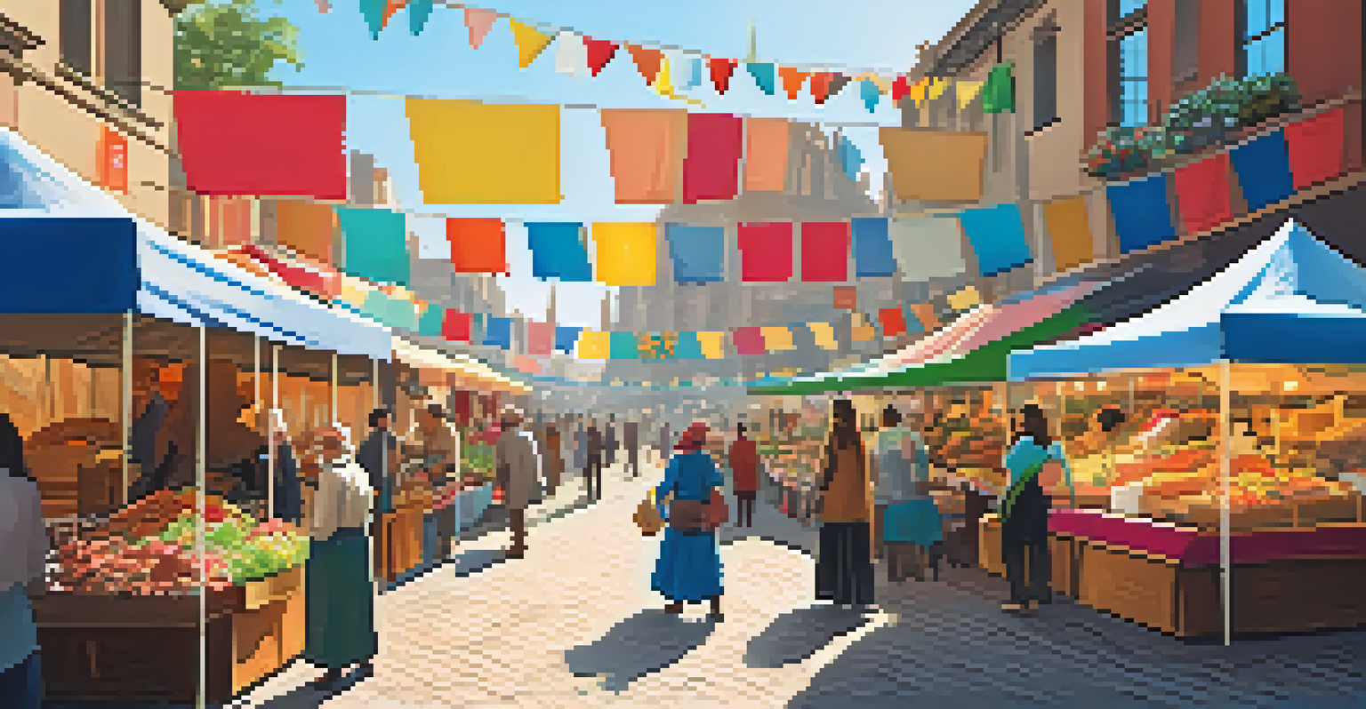 A lively artisan market filled with diverse people, colorful stalls, food vendors, and a musician, all under a sunny sky.