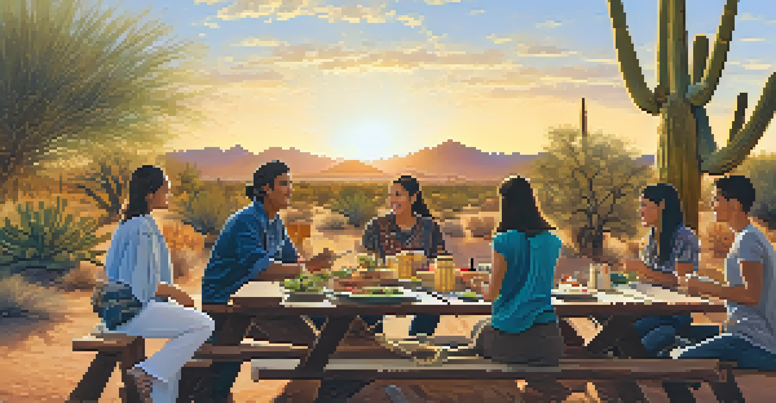 A diverse group sharing traditional foods at a picnic table during a cultural exchange program in Scottsdale at sunset.