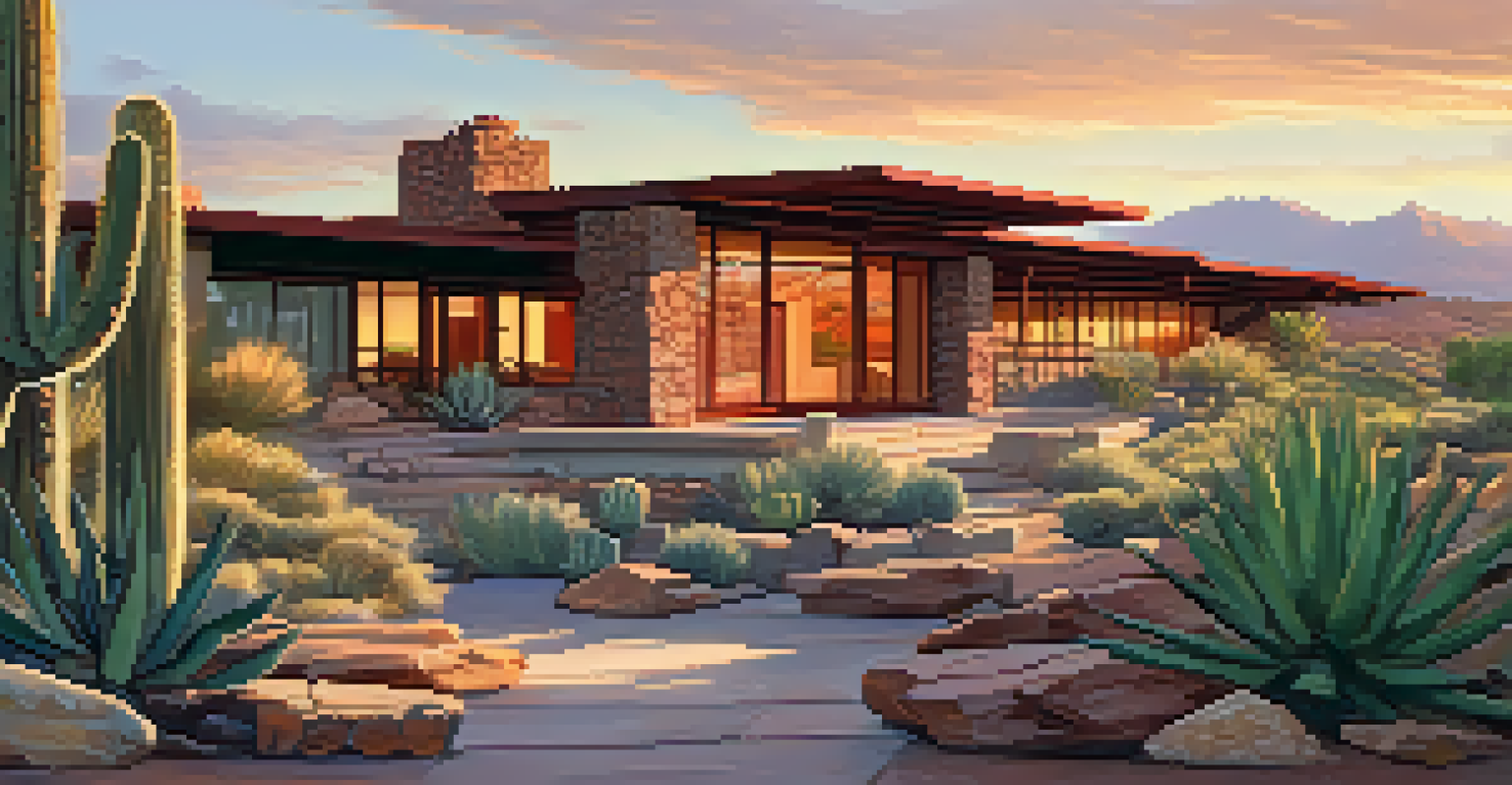 Taliesin West, Frank Lloyd Wright's architectural masterpiece, set in the Sonoran Desert, showcasing unique design elements and desert flora at sunset.