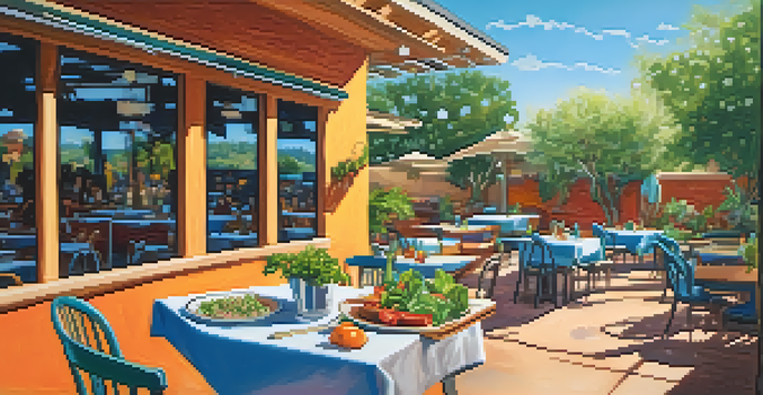 An outdoor dining area at a vegan restaurant in Scottsdale with a colorful table set with various plant-based dishes surrounded by greenery and sunlight.
