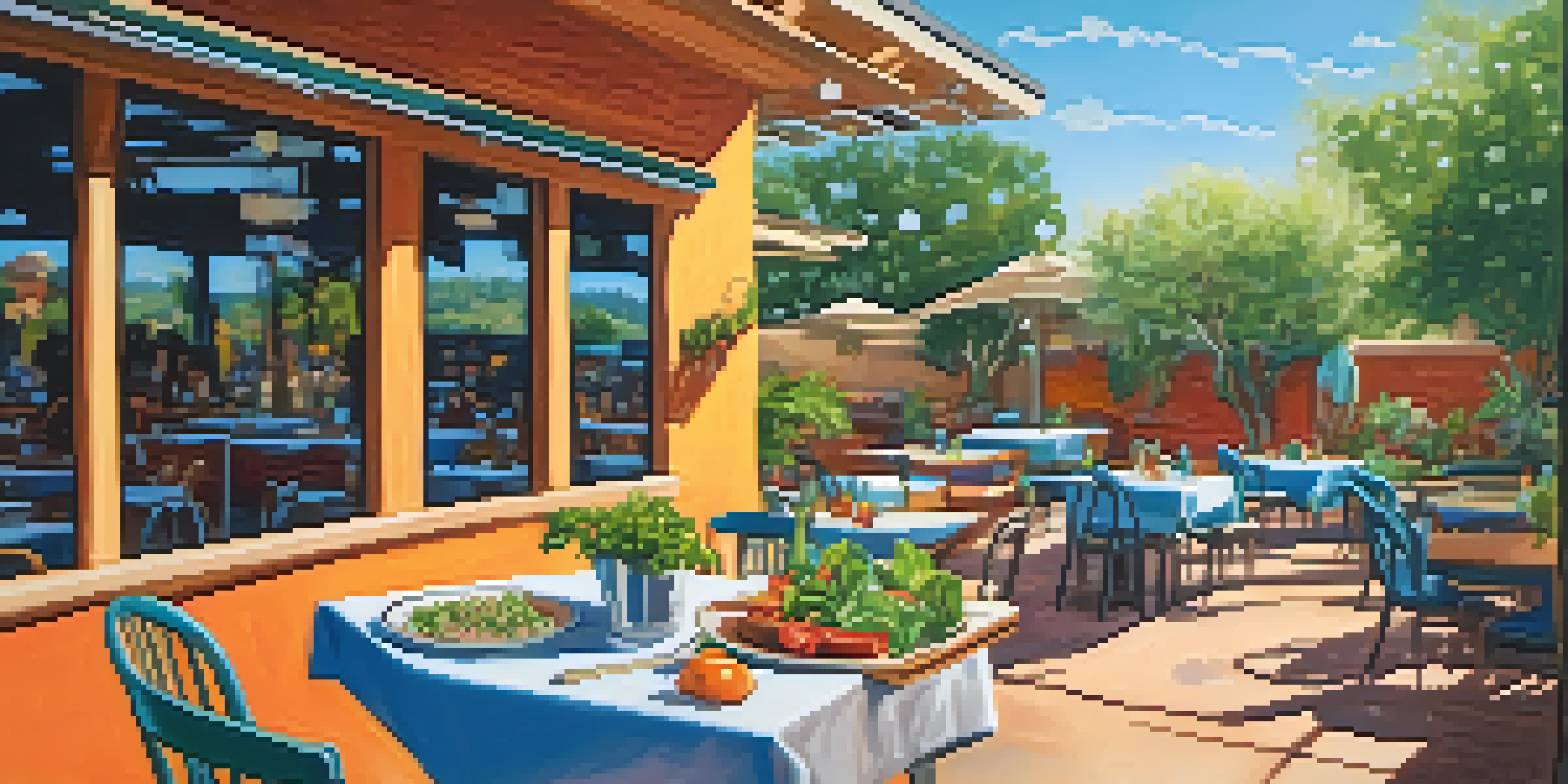 An outdoor dining area at a vegan restaurant in Scottsdale with a colorful table set with various plant-based dishes surrounded by greenery and sunlight.