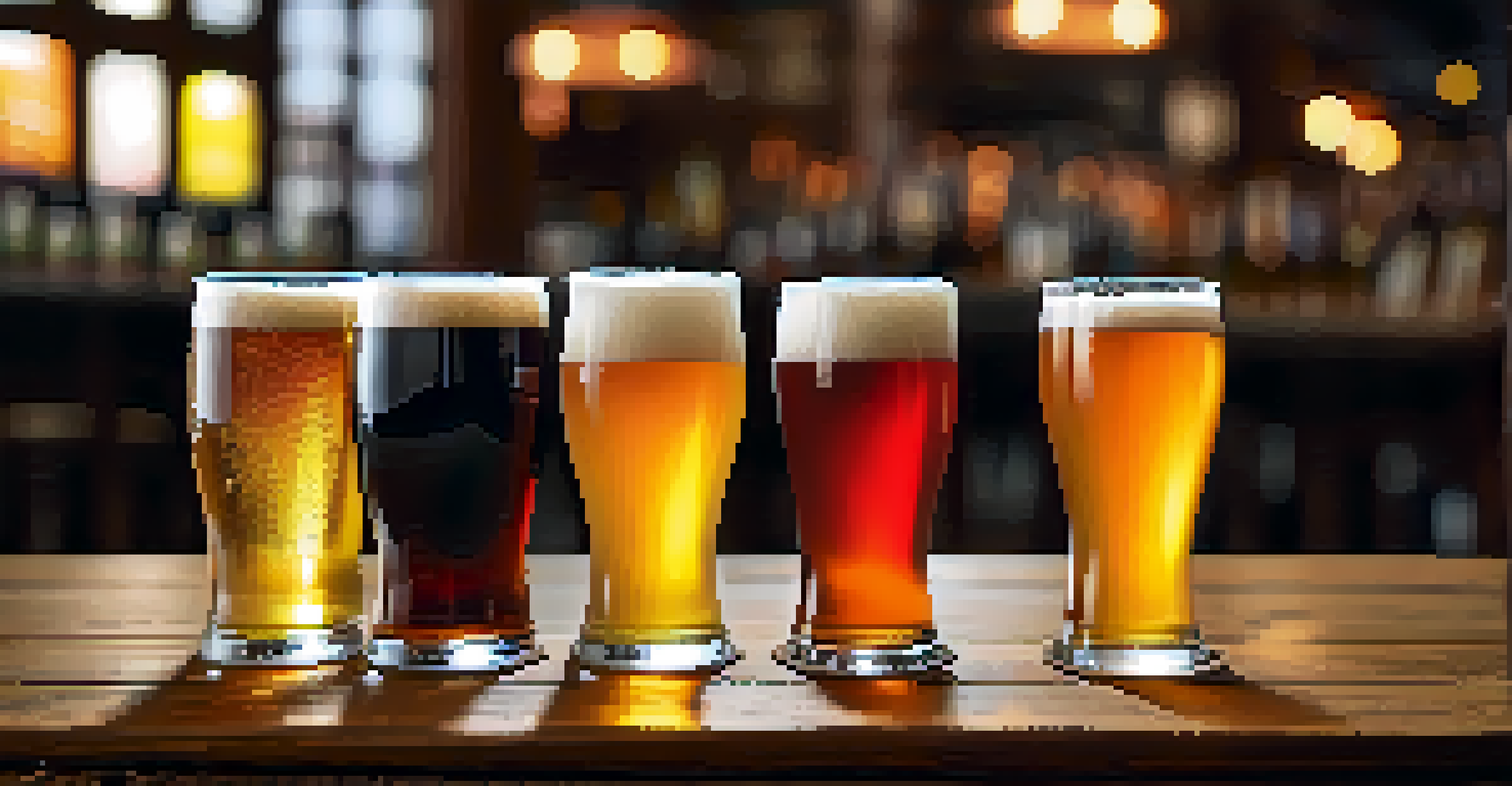 A close-up of a craft beer flight with small glasses of colorful beers on a wooden table, with brewery equipment blurred in the background.