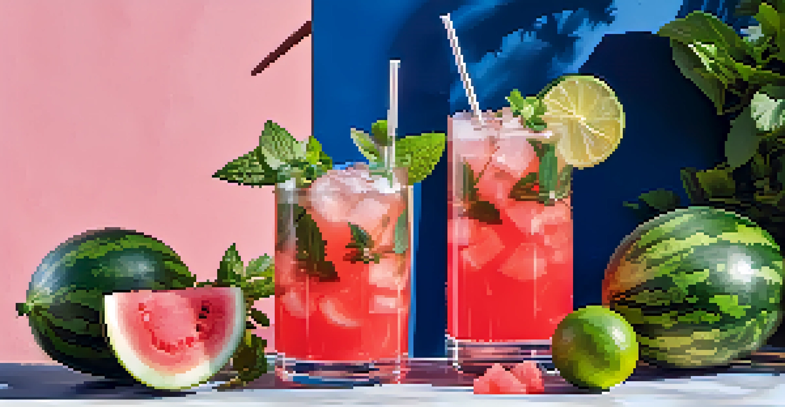 A colorful seasonal cocktail, the watermelon spritz, garnished with mint and lime, set in a bright summer setting.