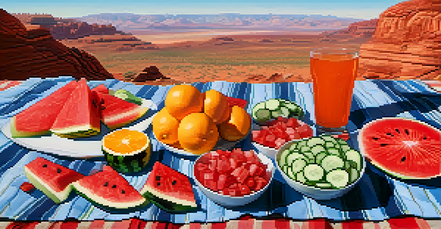 A colorful display of hydrating snacks like watermelon and oranges on a blanket in the desert, with red rock formations in the background.