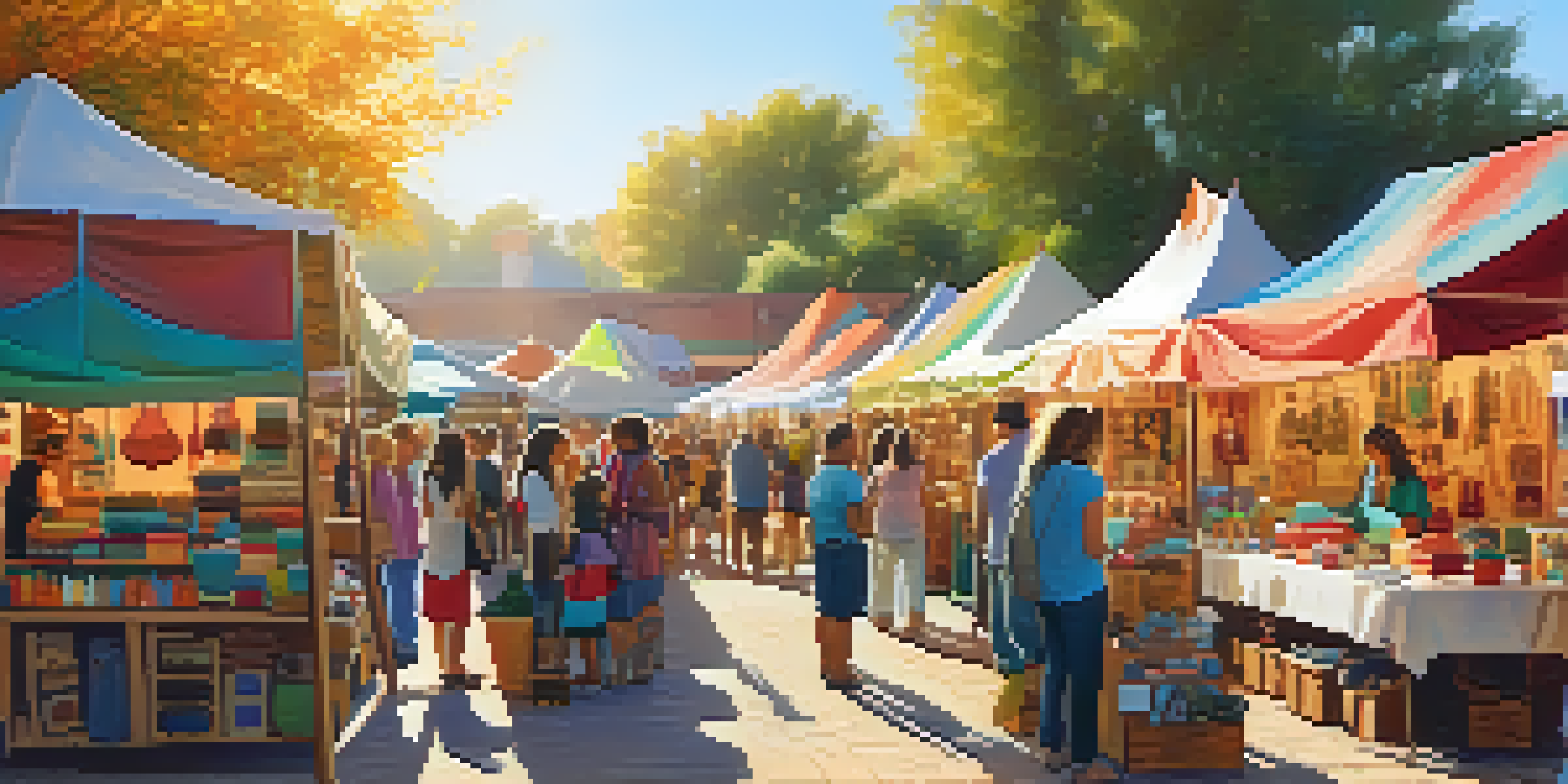 A lively craft fair with stalls showcasing handmade crafts, artisans interacting with shoppers, and a sunny, cheerful atmosphere.