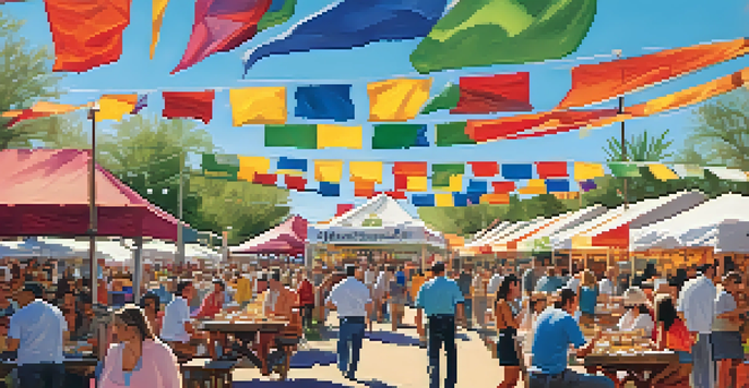 A lively outdoor food festival in Scottsdale with colorful food booths and people enjoying diverse dishes in a sunny atmosphere.