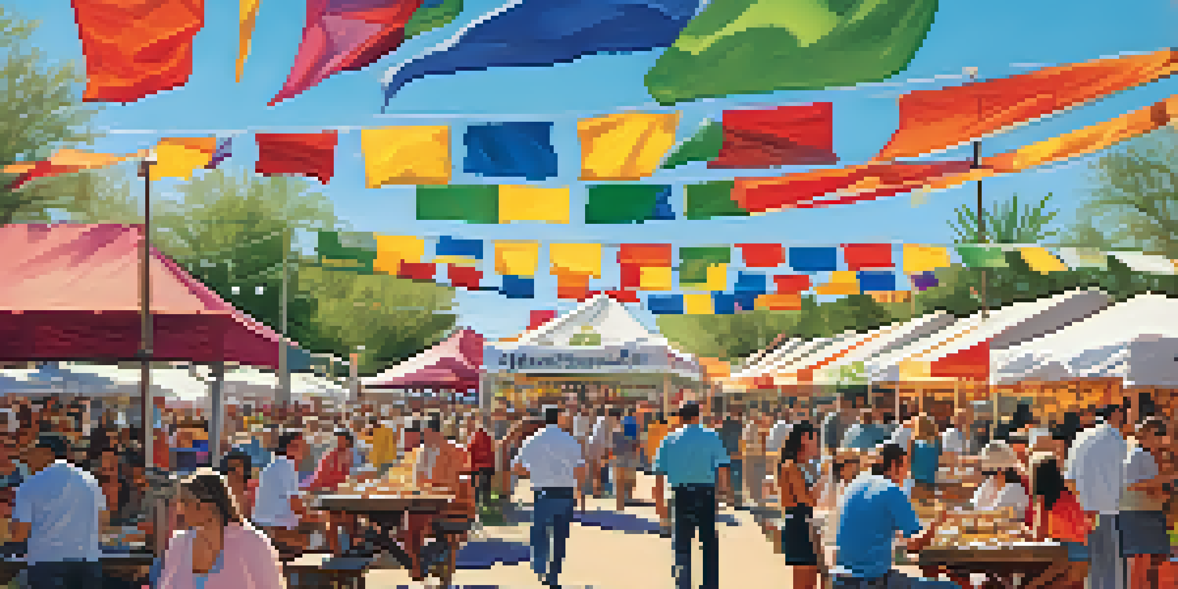 A lively outdoor food festival in Scottsdale with colorful food booths and people enjoying diverse dishes in a sunny atmosphere.